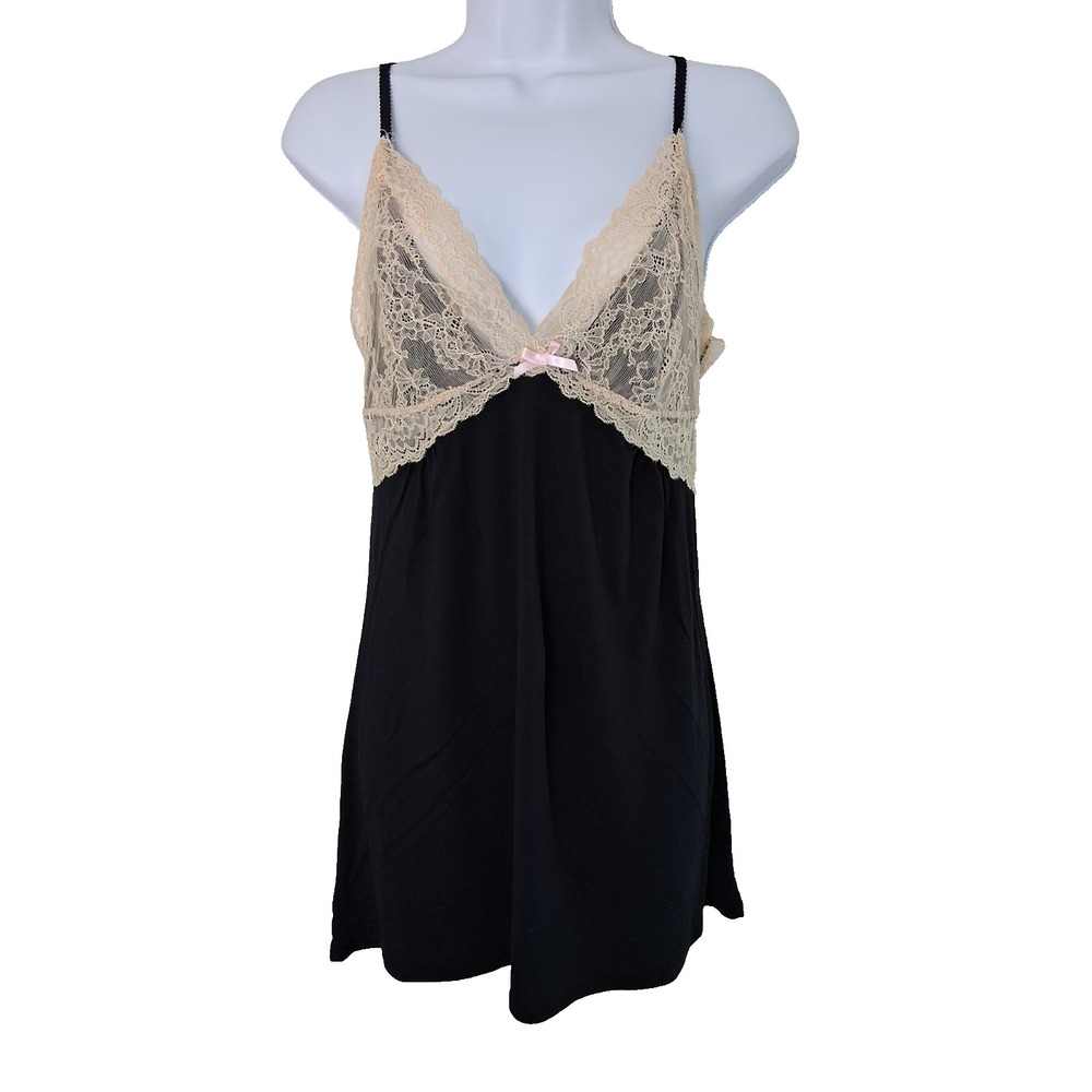 Y2k Baby Doll Black Lace Trim Nightie Size‎ Large Flora Nikrooz Stretch Coquette